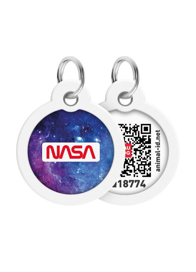 Адресник для собак і котів металевий Smart ID з QR паспортом, малюнок "NASA21", коло, Д 30 мм WAUDOG (363198675)