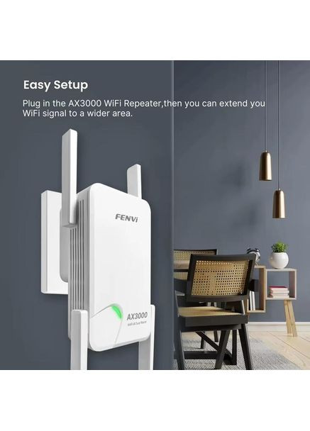 Wi-Fi повторювач F-AX3000R, White, WiFi 6, 2.4GHz (до 573 Мбіт/с) / 5GHz (до 2400 Мбіт/с), 1xGLan, 4 зовнішні антени Fenvi (360400144)