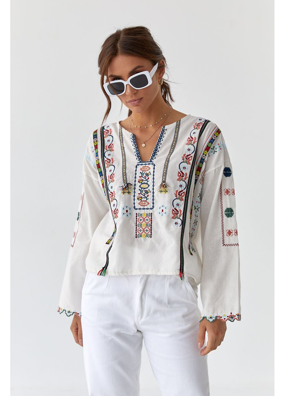Молочная женская вышиванка с длинными рукавами. ESQ хлопок (354699914)
