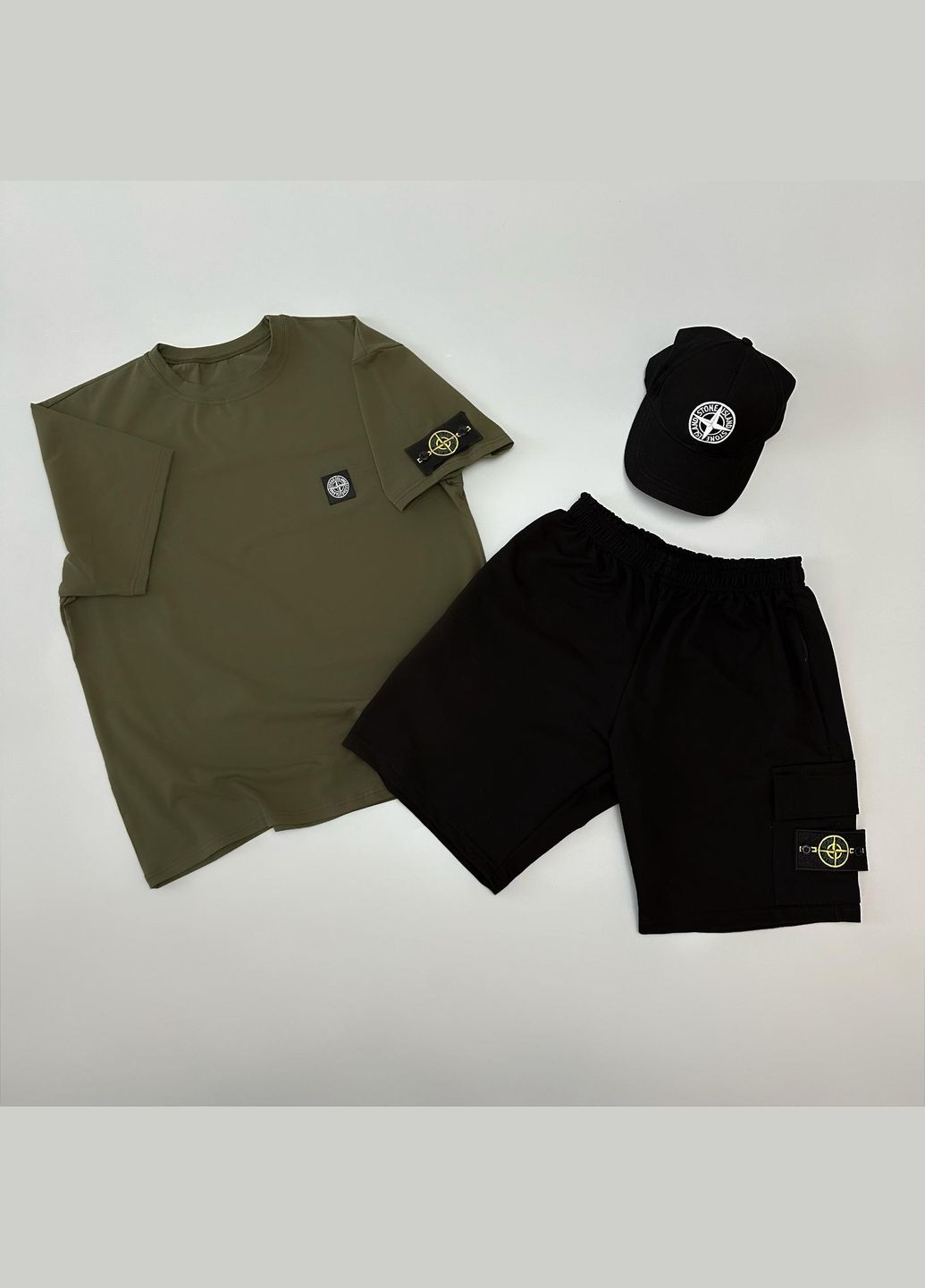 Стильный мужской летний костюм 3в1 Stone Island хаки No Brand (342120247)