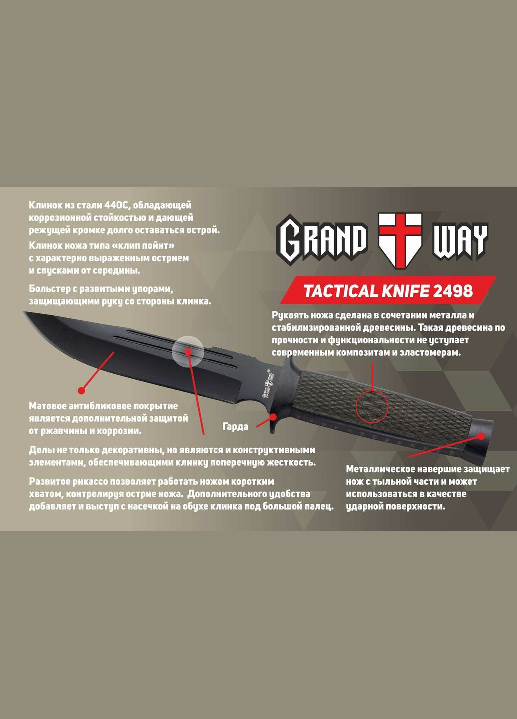 Ніж тактичний Штурмовий GW2498 Зручна рукоять із Гардою Якісна сталь Grand Way (370770678)