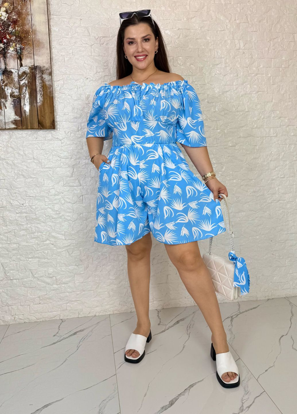 Комбинезон-платье до колена Tik-Tak комбинезон-шорты абстрактный голубой повседневный софт