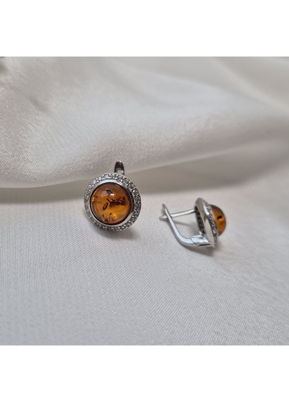 Серебряные серьги Круг с Янтарем серебро 925 пробы Родированное 870с 5.48г Nobrand (370438640)