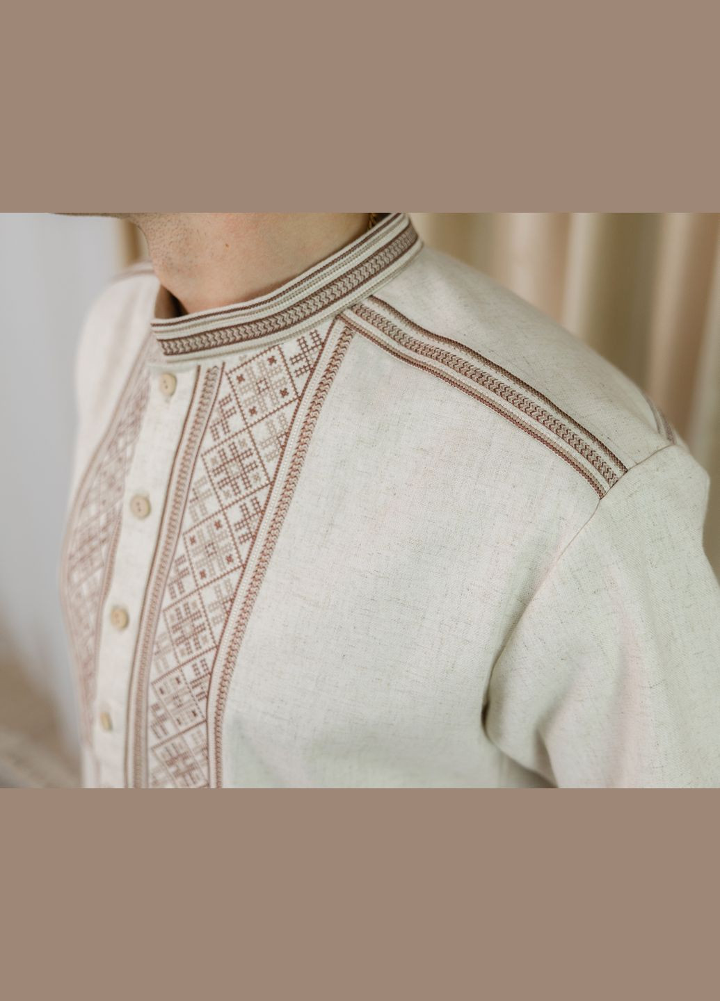 Бежевая мужская рубашка с вышивкой еремий, рубашка вышитая, рубашка вышиванка, рубашка с вышивкой узор орнамент свободная вискоза, лен (318057514)