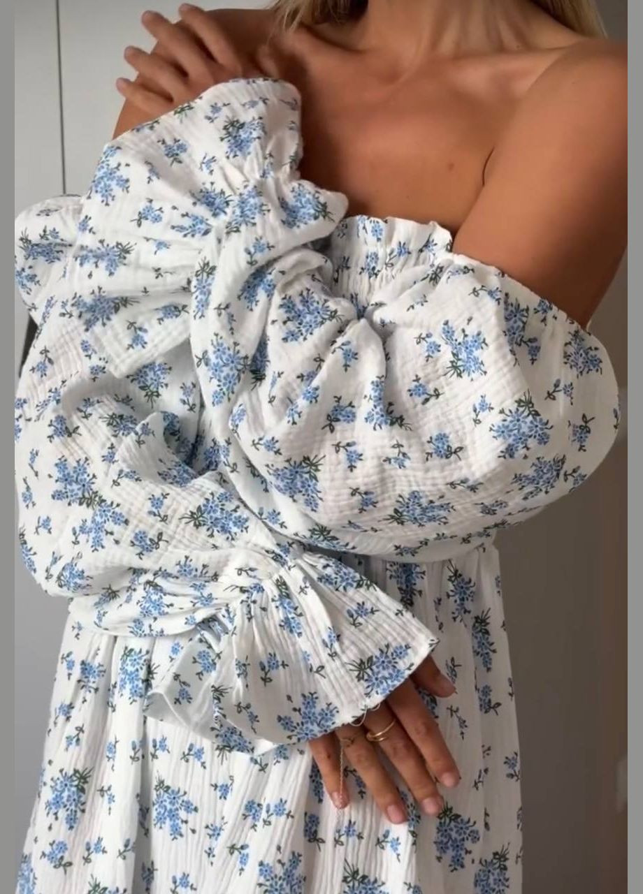 Голубое повседневный, праздничный женское муслиновое платье Avanti с цветочным принтом