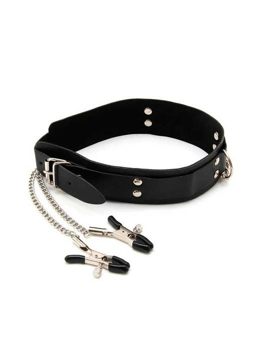 БДСМ ошейник с зажимами для сосков черного цвета для Садо-Мазо и ролевых игр. Незаменимый БДСМ атрибут China (360604048)