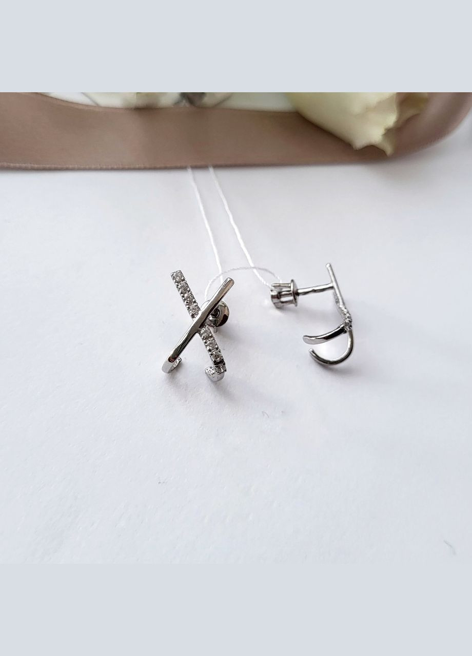 Срібні сережки Сережки гвоздики на закрутках Хрест із Білими каменями срібло 925 проби 82893б 1.65г No Brand (306741351)