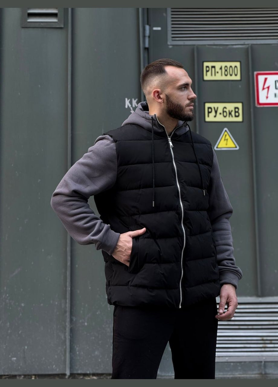 Графитовая демисезонная куртка на пуху с трикотажными рукавами и капюшоном Vakko