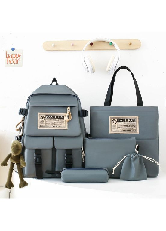 Школьный набор 5 в 1 рюкзак, сумка-шопер, пенал, сумочка-клатч через плечо, сумочка-мешочек серый 1314 No Brand (362475030)