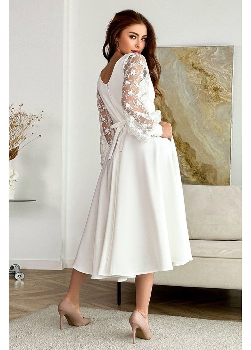 Молочное коктейльное платье прозрачные руковое 23076 молочное Tanita-Romario