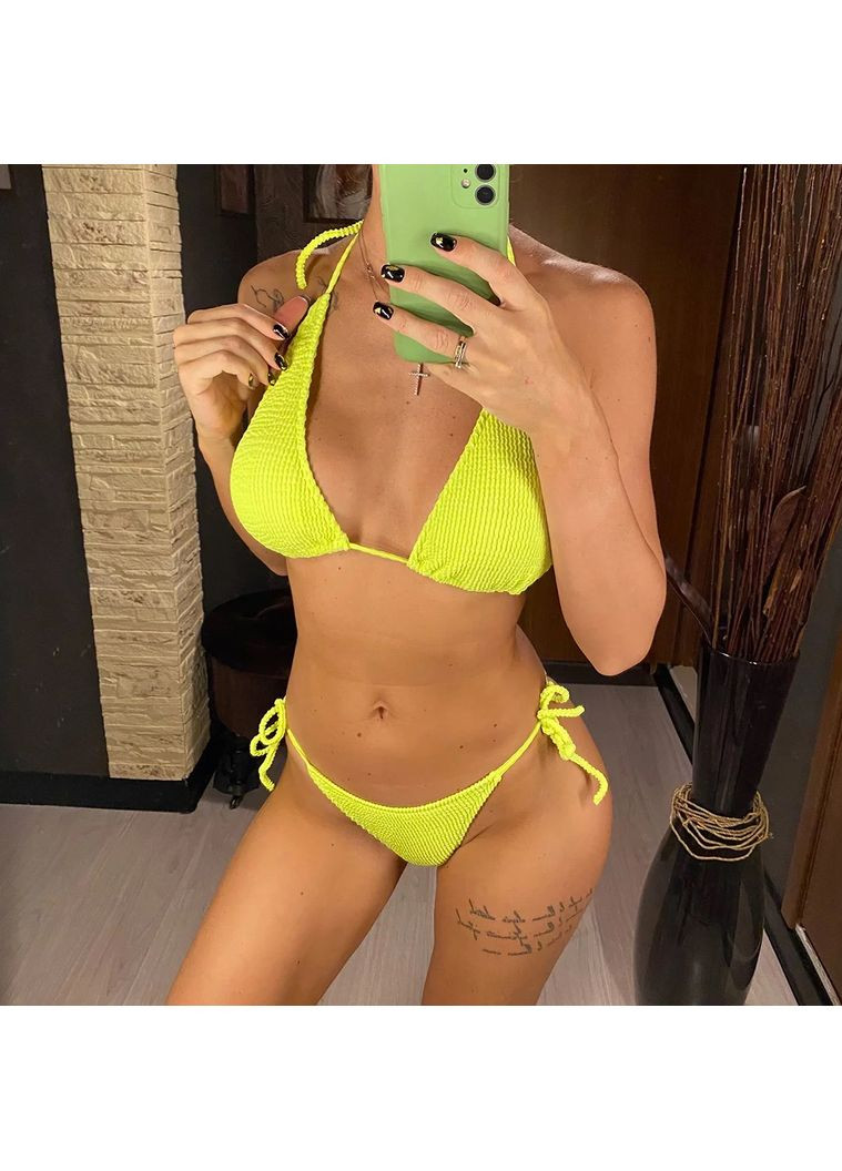 Желтый летний женский раздельный купальник жатка на завязках maldives салатовый No Brand