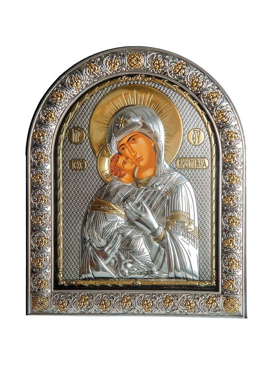 Володимирська 21х26 см Срібна Ікона Божої Матері під Склом, обгорнута темною шкірою (Греція) Silver Axion (266266211)