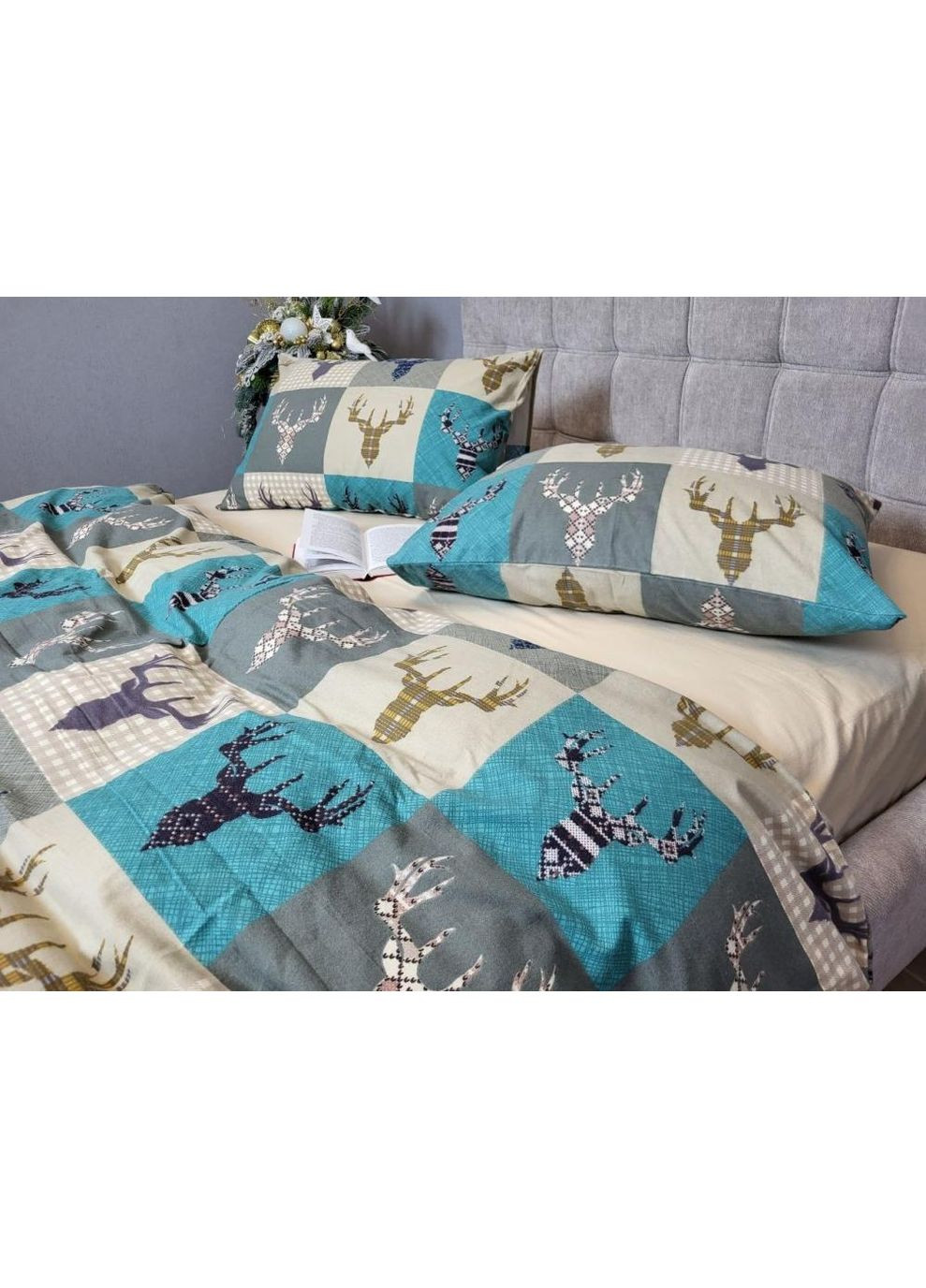 Постельное белье с резинкой Трофей бирюза/св.беж, фланель(байка) Двуспальный размер, наволочки 50/70 No Brand (364220248)