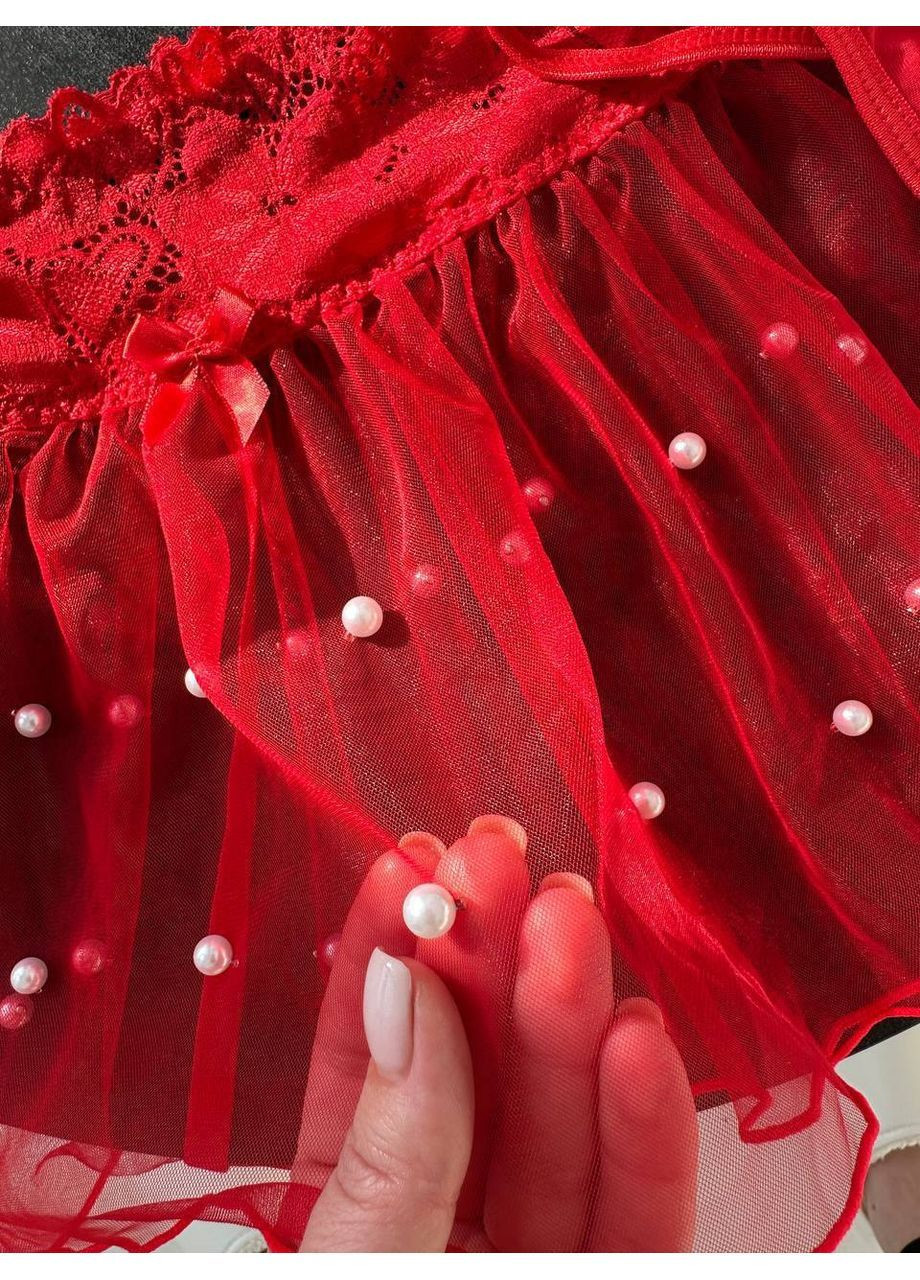 Червоний демісезонний мереживний комплект білизни з декорованою спідничкою Vakko