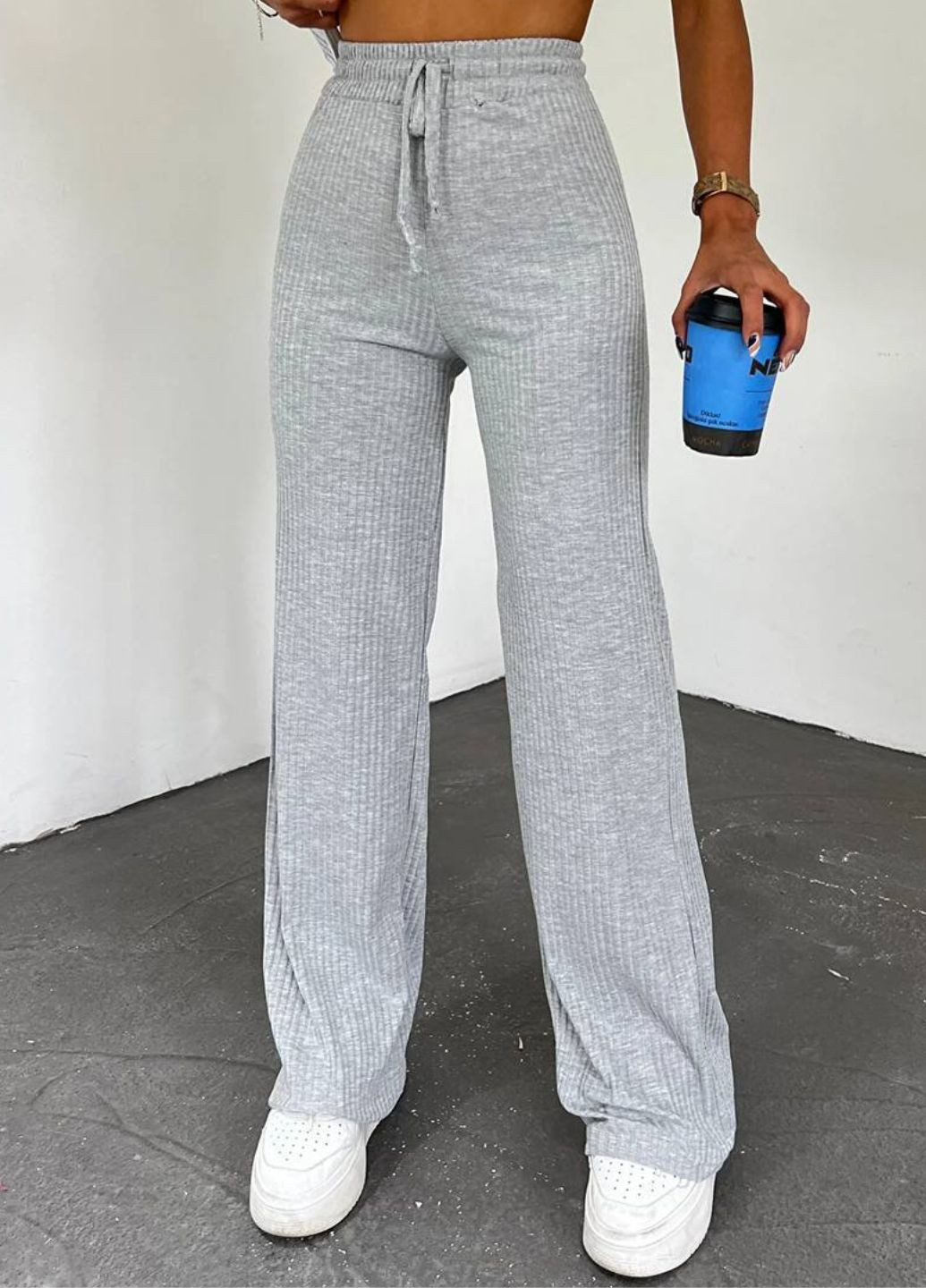 Базові повсякденні штани палаццо в рубчик високої посадки Україна (328558936)