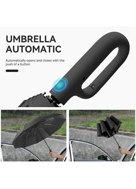 Чёрный прочный зонтик автоматический с антиветровыми спицами и ручкой-кольцом. (364273188)