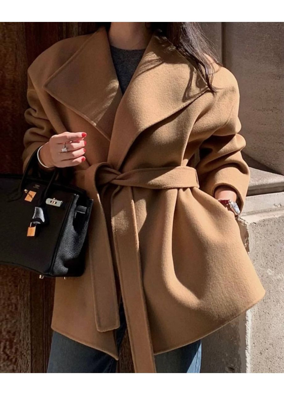 Бежеве демісезонне Вкорочене пальто автоледі з поясом — ЗАМІР В ОПИСІ GD/GL Модний простір