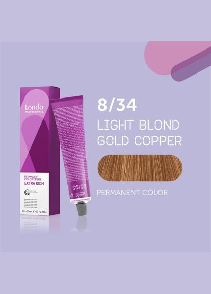 Стійка кремфарба для волосся Professional Permanent Color 8/34 світлий блондин золотисто-мідний, 60 мл Londa Professional (292736650)