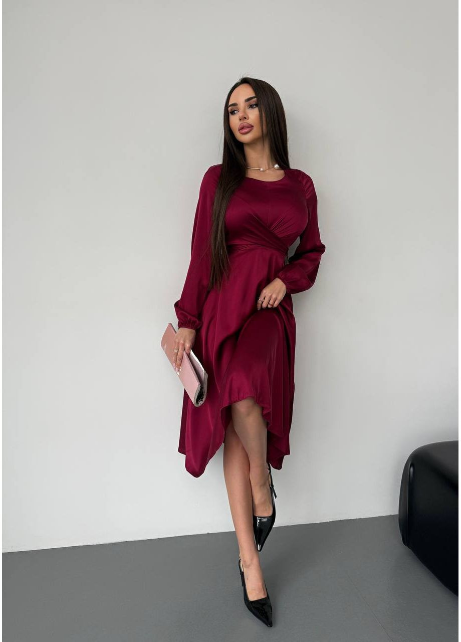 Бордова шовкова сукня міді бордового кольору 36051 кльош Fashion однотонна