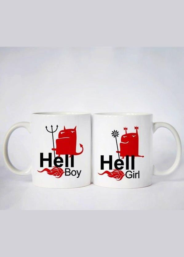 Парні білі чашки з принтом "Hell boy. Hell girl" Кавун Чашка (316112238)