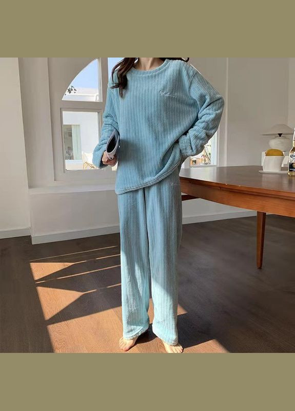 Блакитна зимня піжама в рубчик комплект брюки кофта тепла м`яка оверсайз на зріст до 166см світшот + брюки No Brand Піжама в рубчик брючна з кофтою фіолетова