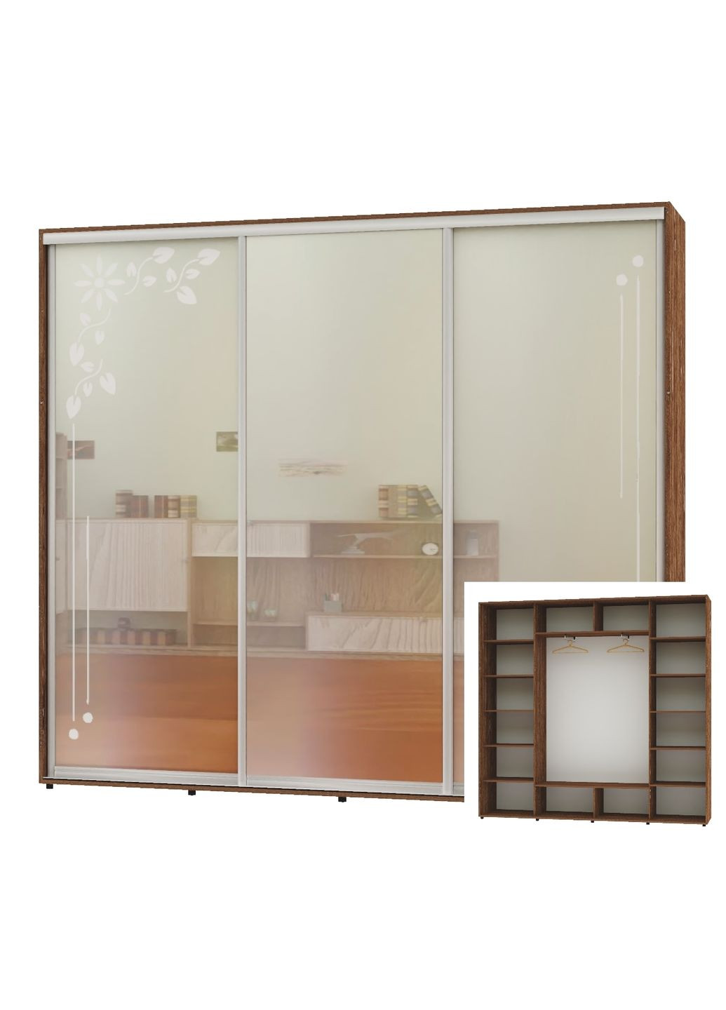 Шафа-купе тридверна 260*45*230 Дуб вінтаж 2 Дзеркала з піскострумним малюнком/Дзеркало ШК-05 Алекса (360478778)