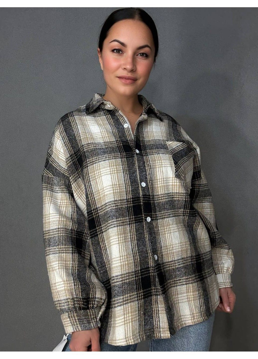 Сорочка жіноча A-N 211 в клітинку тепла байкова оверсайз темно-бежева No Brand (369905291)