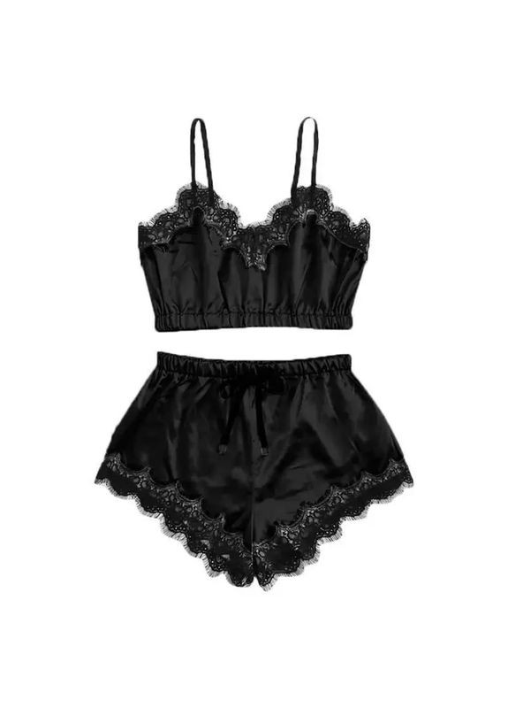 Чорна жіноча атласна піжама з шортами та майкой з кружевом по краям і бантиком China