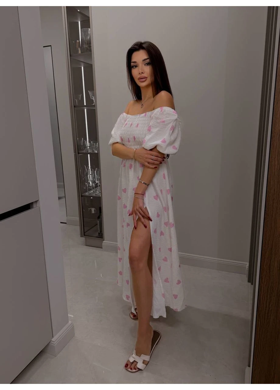 Рожева сукня мiдi iз муслiна в серце рожевого кольору 38560 кльош Fashion з малюнком