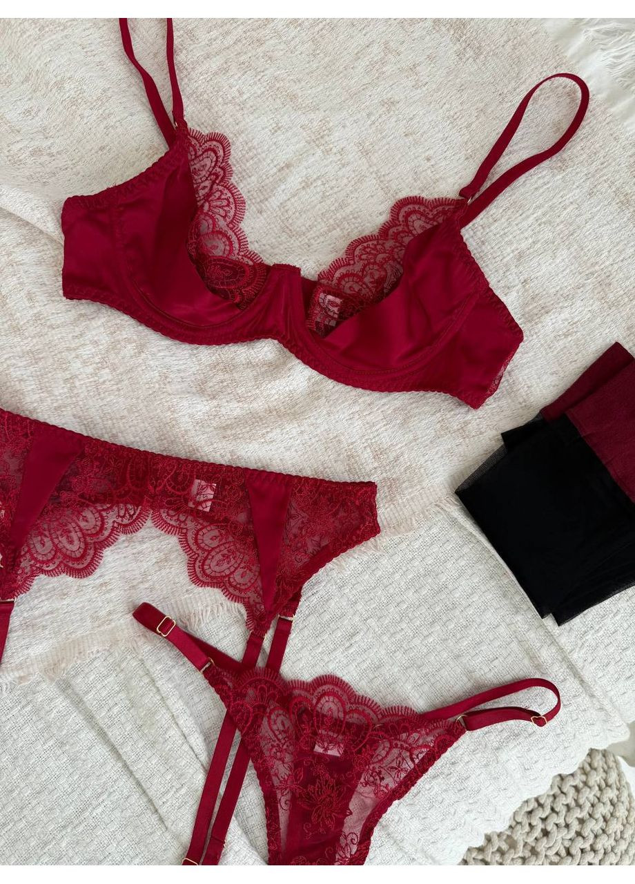 Красный комплект женского белья | нежный кружевной, красное соблазнение Vital-Textile с косточками полиэстер, эластан