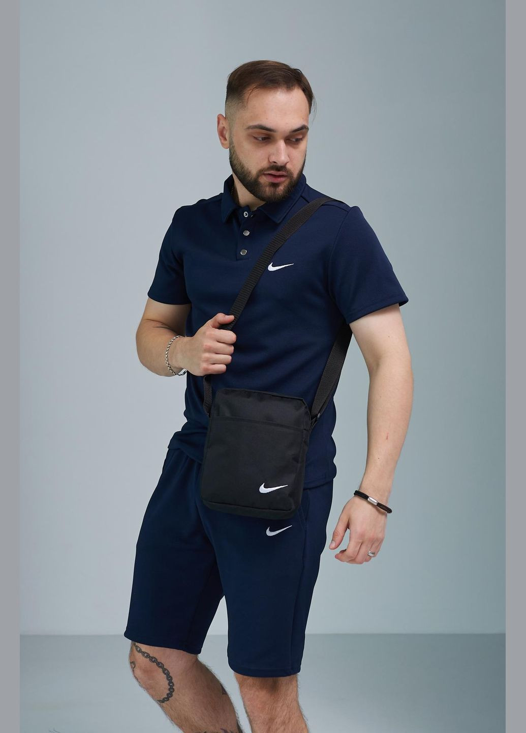 Комплект чоловічий : поло синє + шорти сині + барсетка чорна No Brand (340715426)