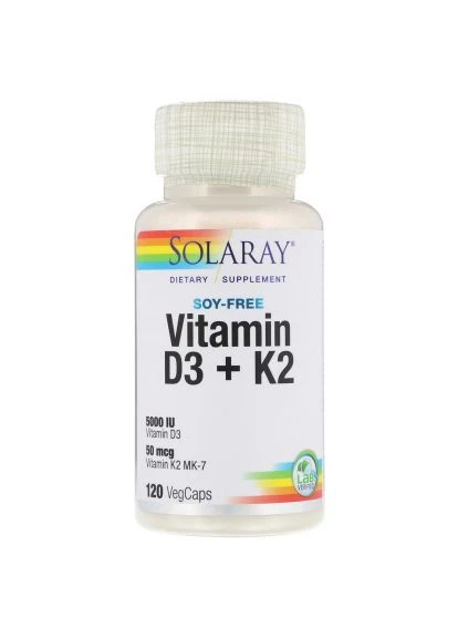 Витамин Витамин D3 + K2, Soy-Free Vitamin D3 + K2, 120 вегетарианск (SOR-57445) Solaray Витамин D3+K2, Soy-Free Vitamin D3 + K2, 120 веге (401041475)