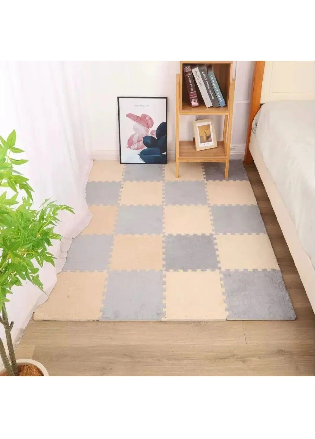 Килимок пазл каремат модульний в дитячу кімнату спальню плюш піна 10 пазлів по 30 см (477461-Prob) Бежевий із сірим Unbranded (297438879)