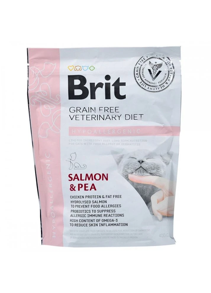Сухой корм Grain Free VetDiet Cat Hypoallergenic для кошек с пищевой аллергией и непереносимостью с лососем и горохом и горохом и горохом Brit (380385827)