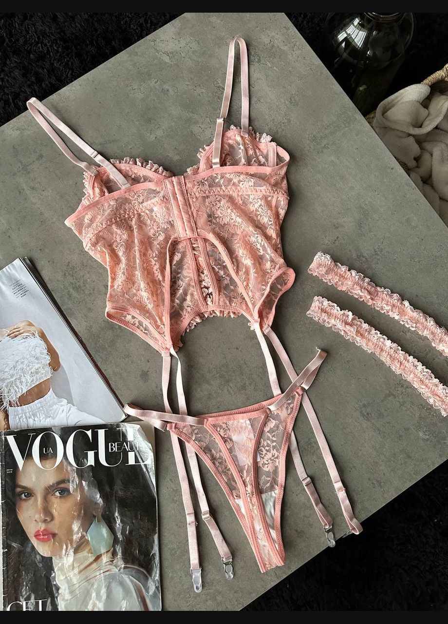 Персиковый демисезонный соблазнительный кружевной комплект No Brand