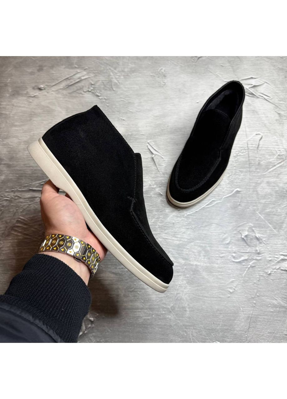 Черные ботинки лоферы мужское зимнее на меху замша на светлой подошве No Brand