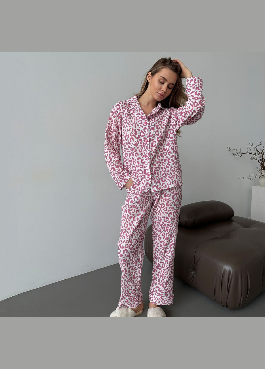 Комбинированная женская пижама (рубашка+штаны) муслин белая с розовым леопард m251p Cosy