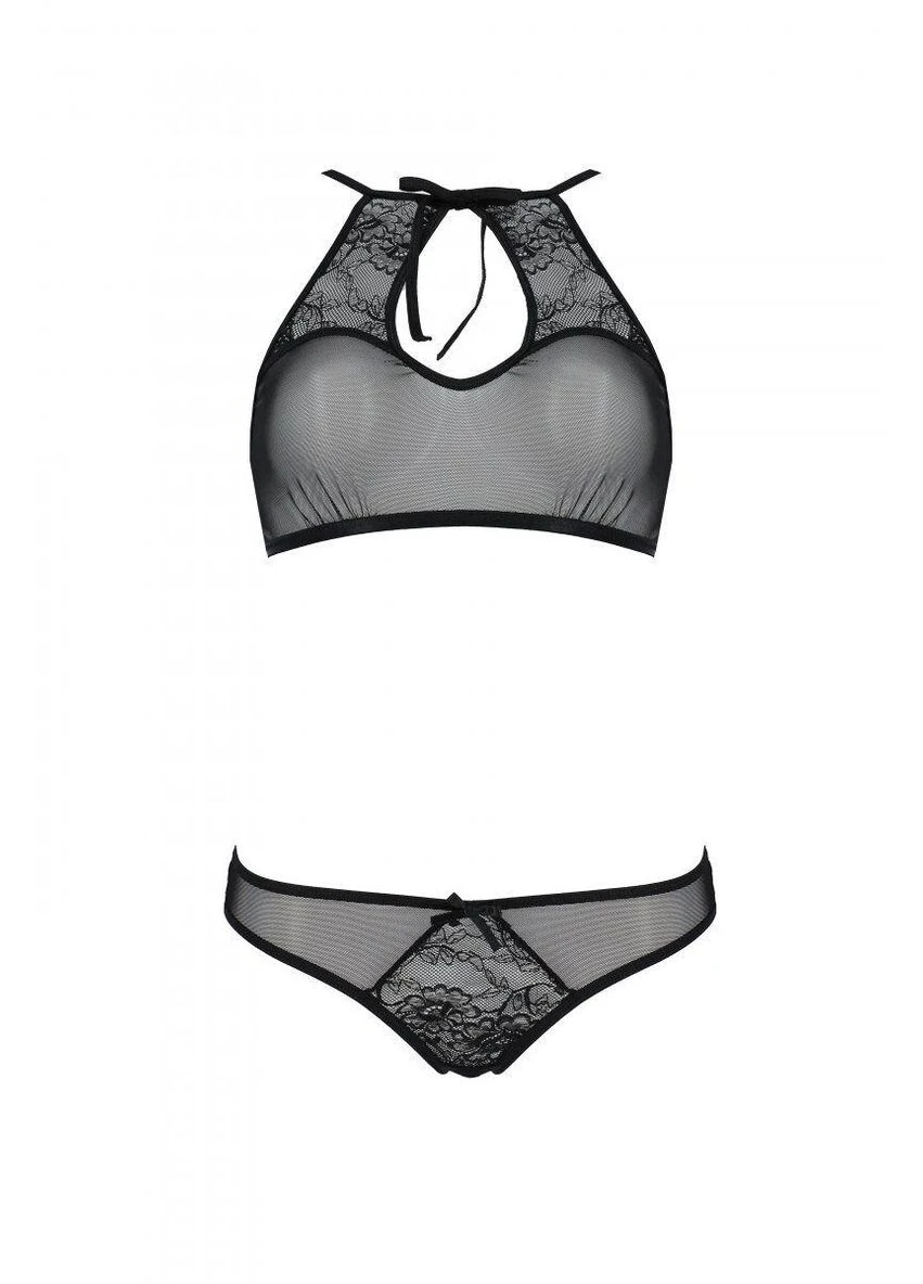 Черный демисезонный комплект ursula set black xxl/xxxl: бра, трусики с ажурным декором и открытым шагом Passion