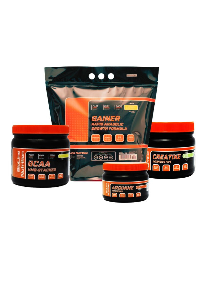XL Набір для маси (Гейнер 3кг + Креатин 150капс + BCAA 0.5кг + Аргінін 0.2кг) 3.8 кг — Комплекс для м'язів — BioLine Nutrition (372010675)