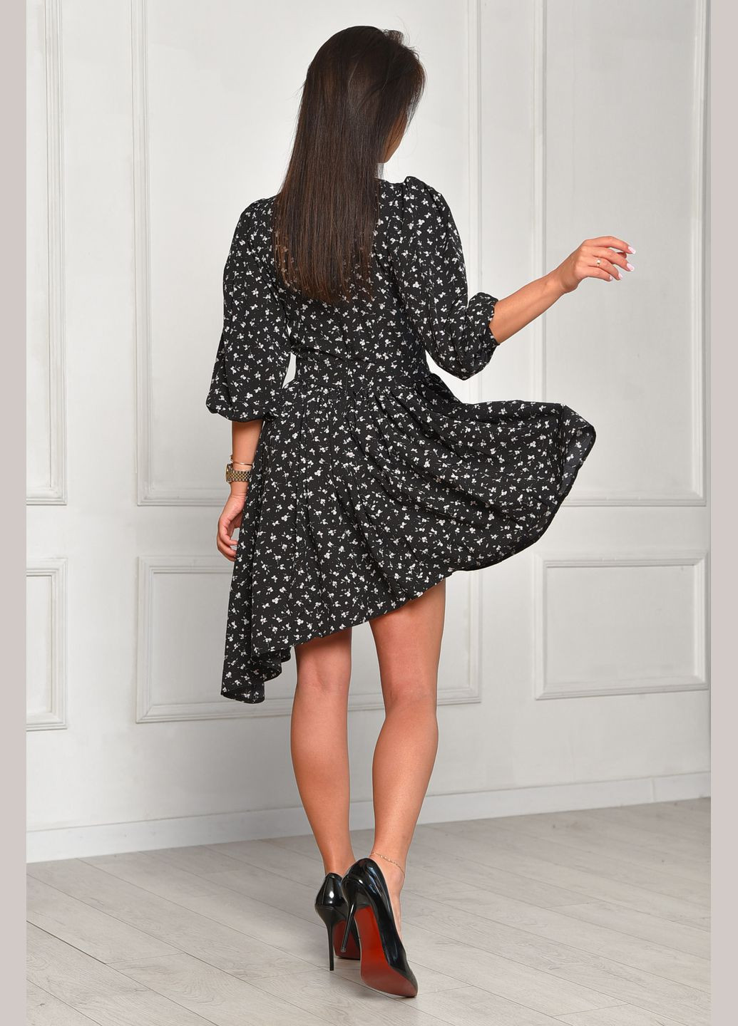 Черное джинсовое платье женское черного цвета с принтом клеш Let's Shop однотонное