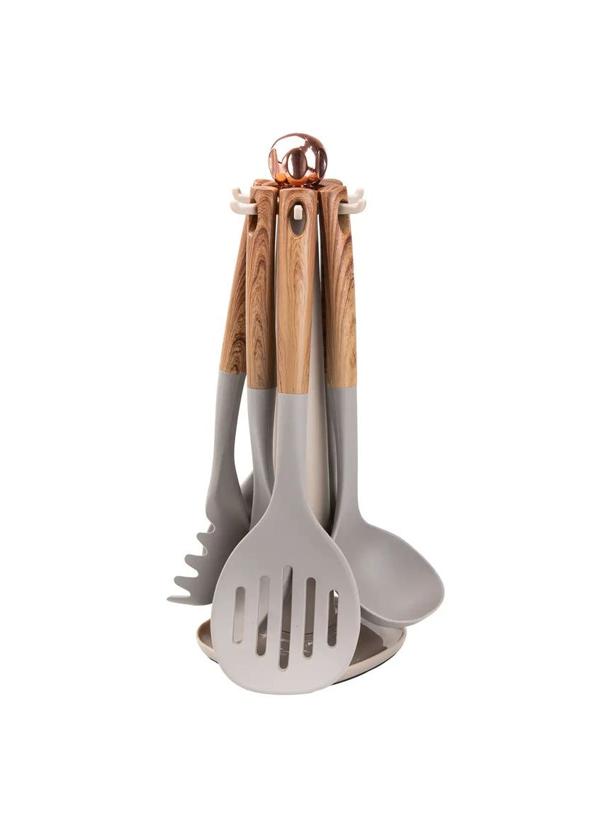 Набор кухонных принадлежностей на подставке 6 штук, дерево TS Kitchen серые,