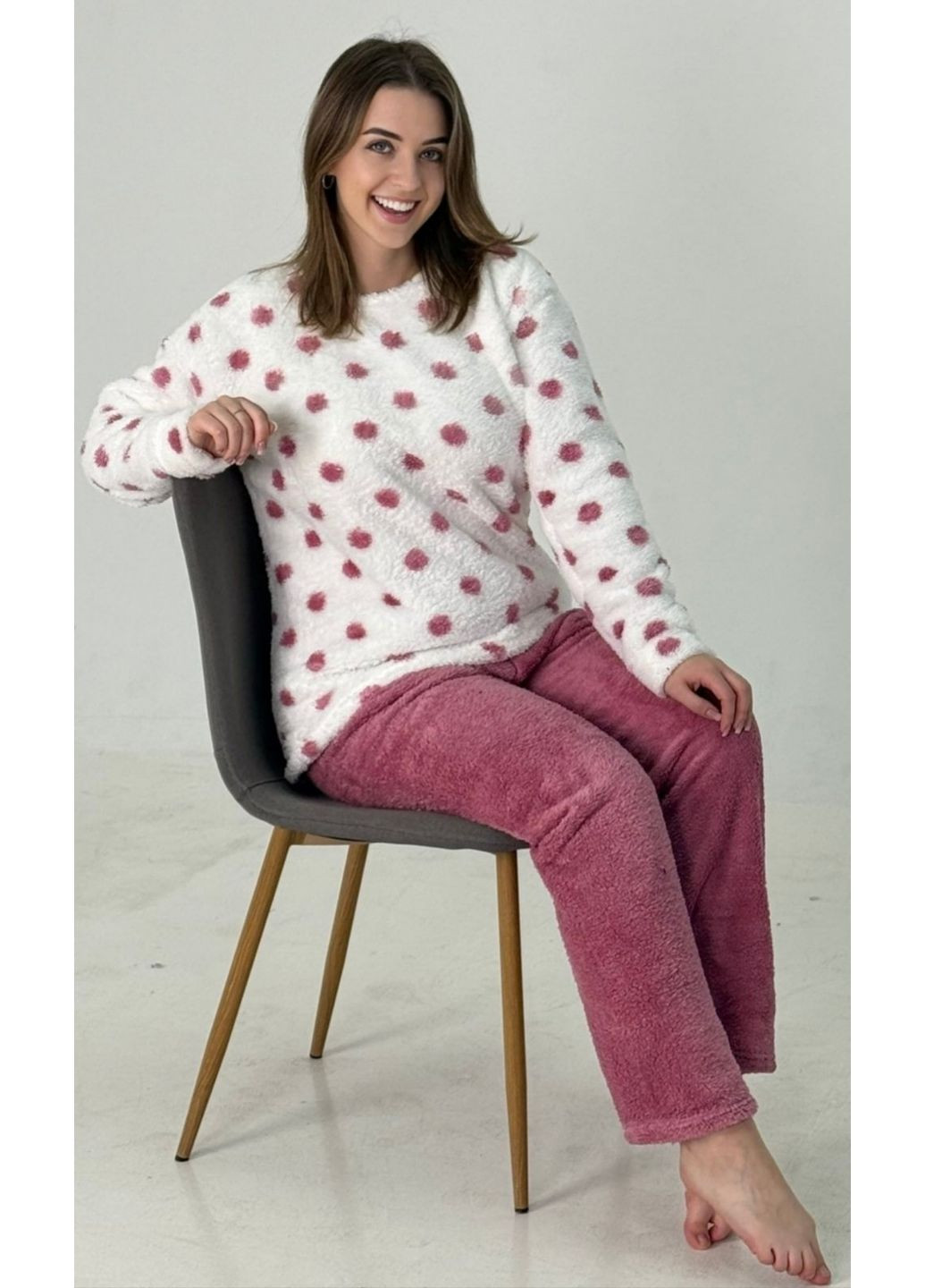 Белая зимняя теплая женская пижама из махры, турция кофта + брюки Ruyam