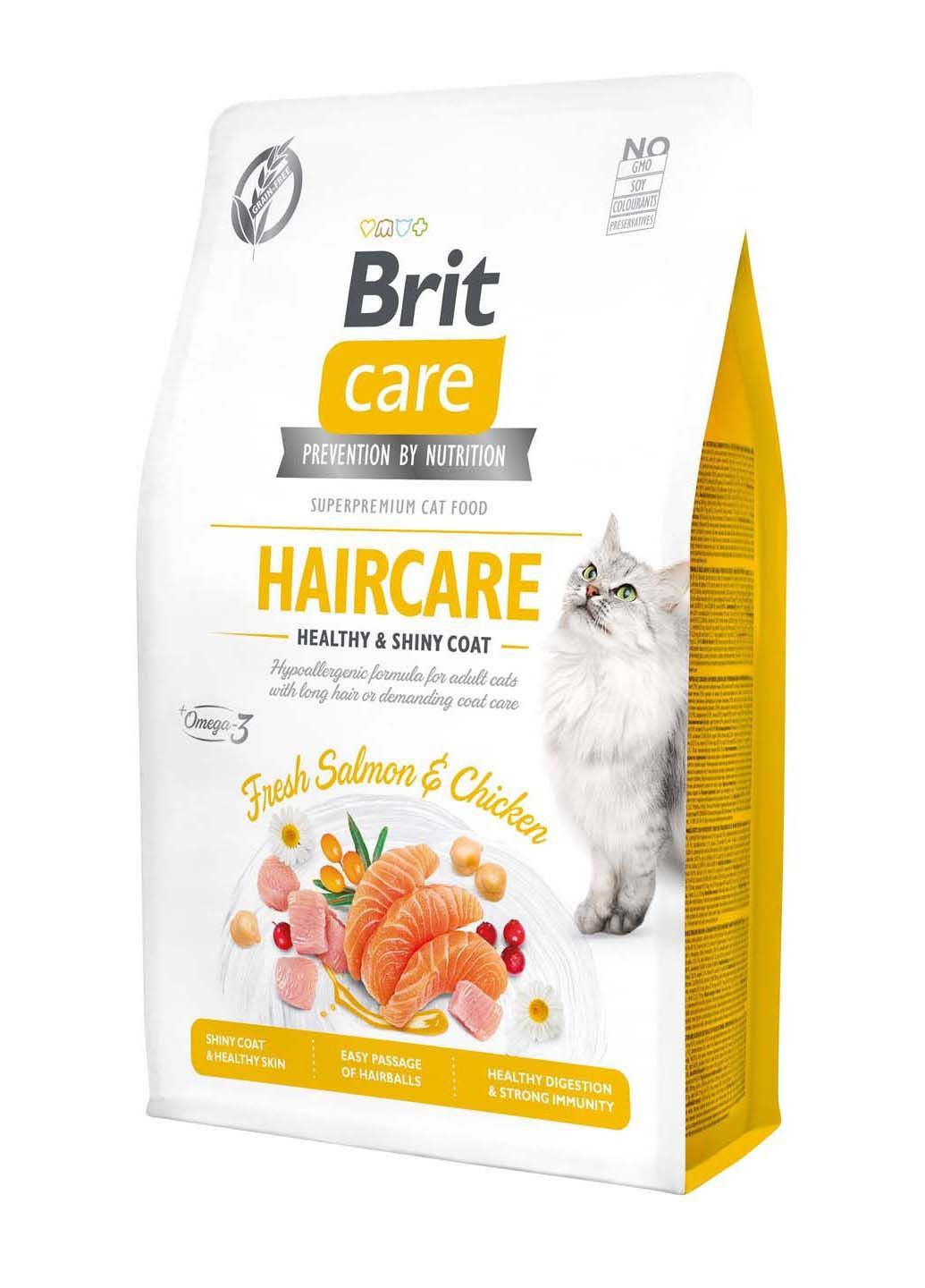 Сухой корм для кошек требующих ухода за кожей и шерстью Cat GF Haircare Healthy & Shiny Coat с лососем и курицей 2 кг Brit Care (286472452)