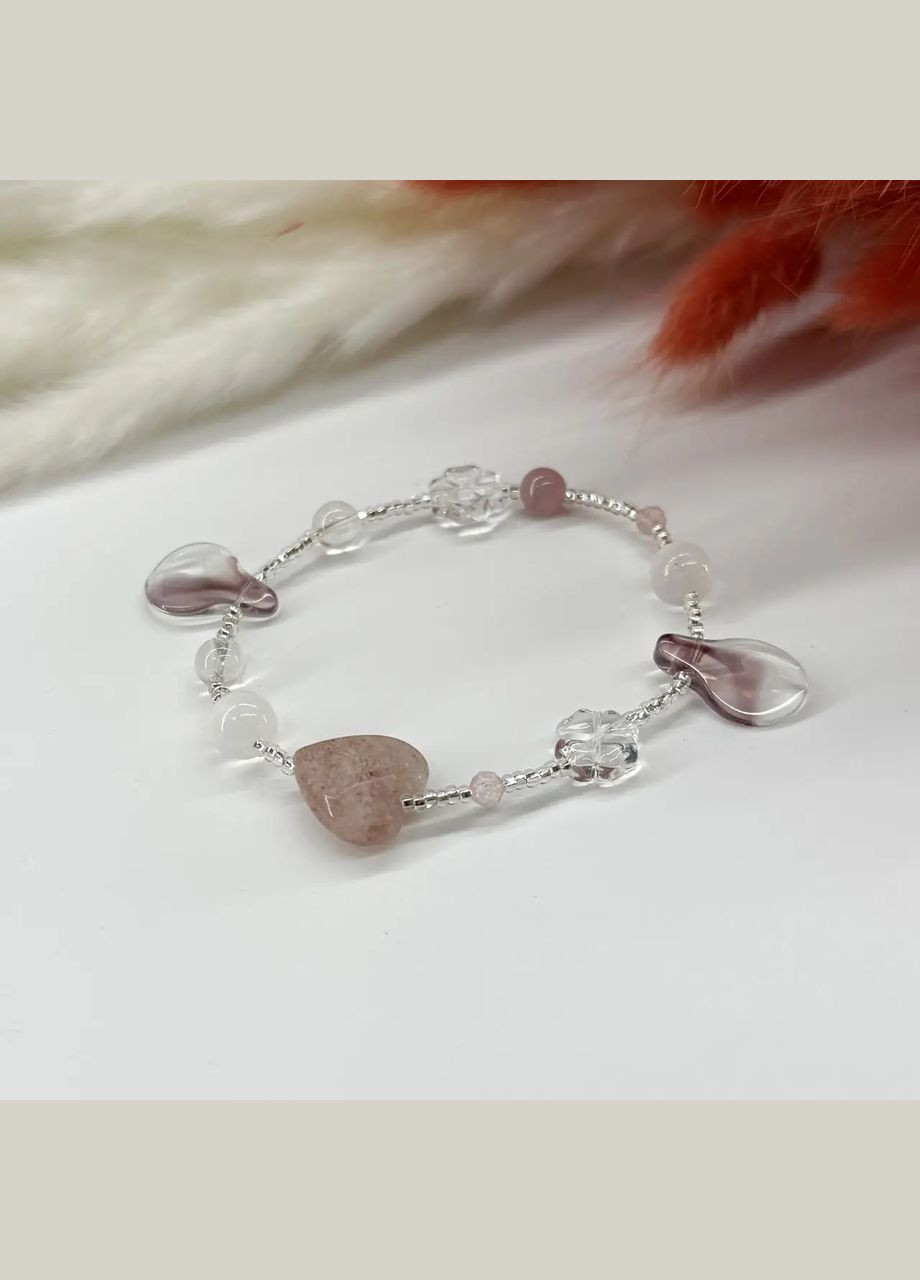 Браслет на гумці натуральний Селеніт, Гірський Кришталь, Полуничний Кварц, Бісер +Скло d-16-6х2мм+- L-18см No Brand Браслет (331146002)
