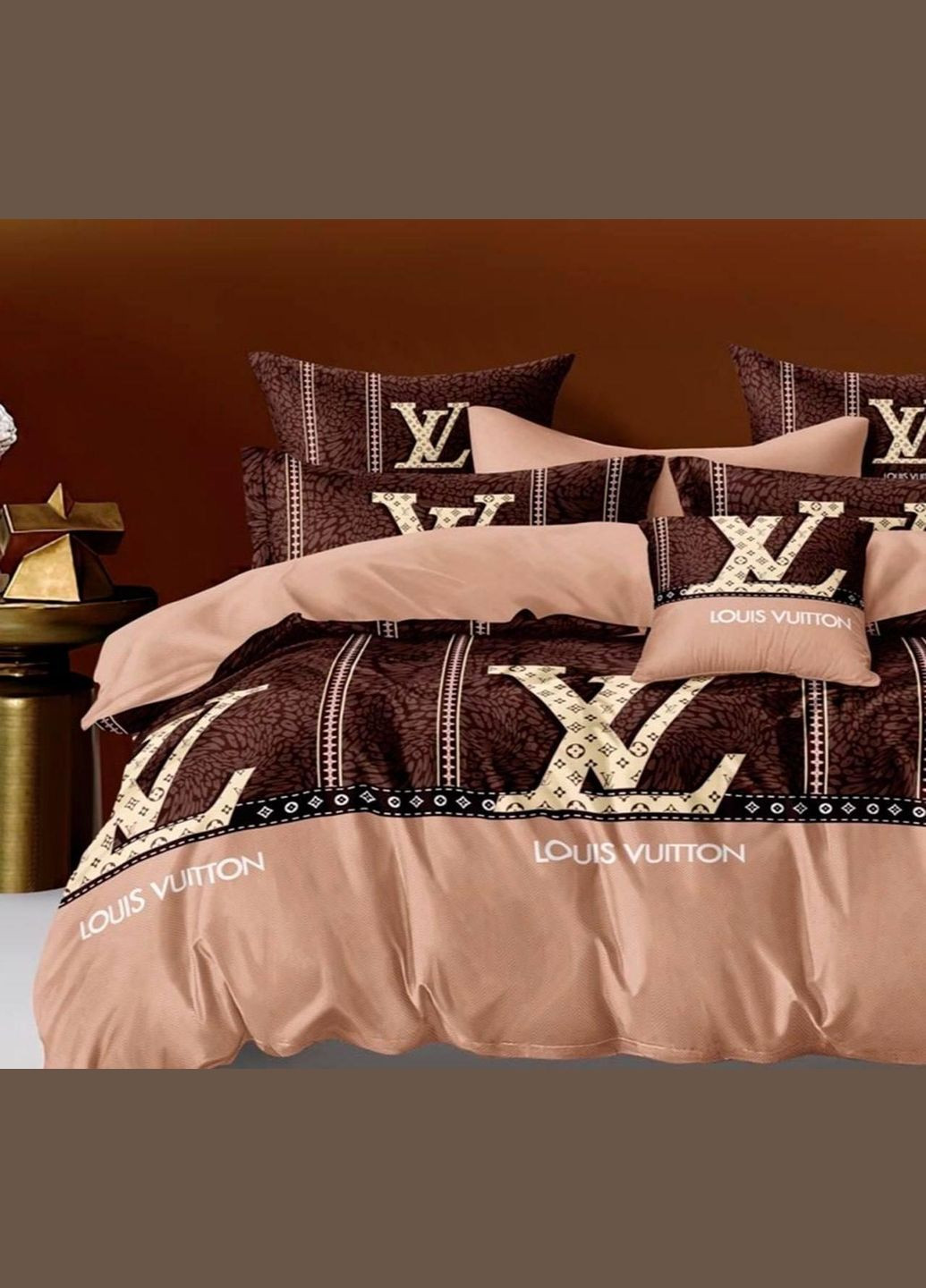 Постельное белье хлопковое Луивитон Двуспальное Простынь на резинке 160x200х20 Бязь Коричневое 70 х 70 No Brand (322706888)