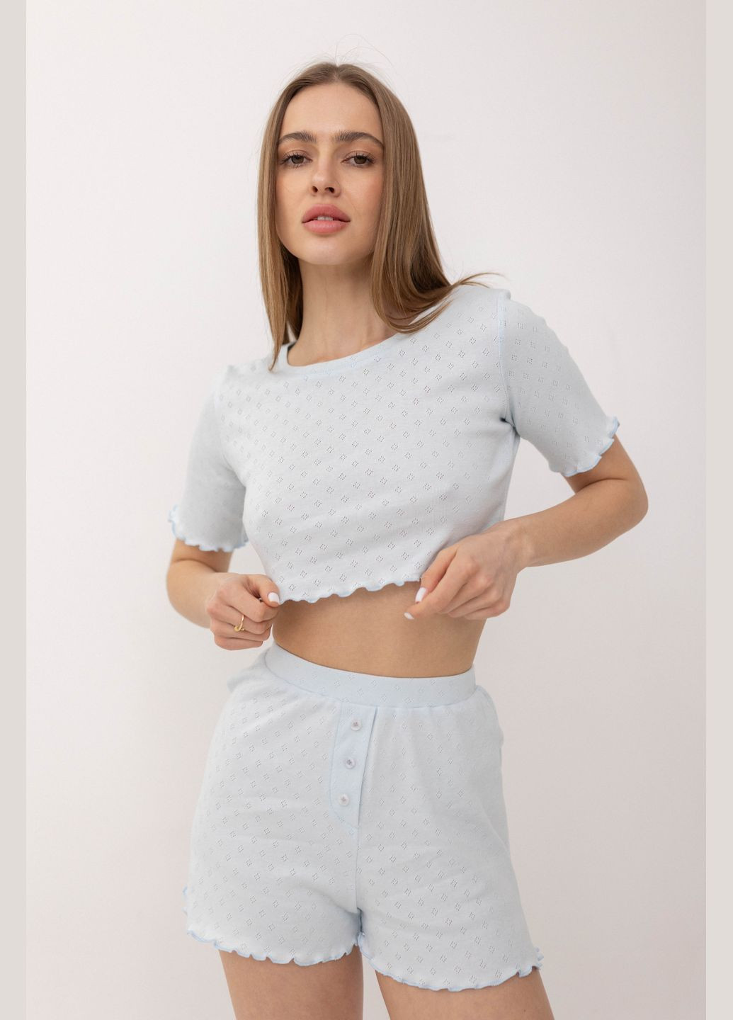 Голубая пижама хлопчатобумажная с шортами майка + шорты Twice