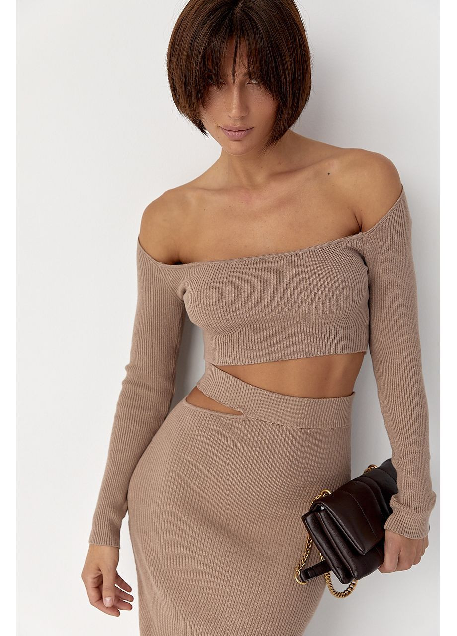 Костюм у рубчик з кроп-топом та спідницею - коричневий колір Lurex (364967711)