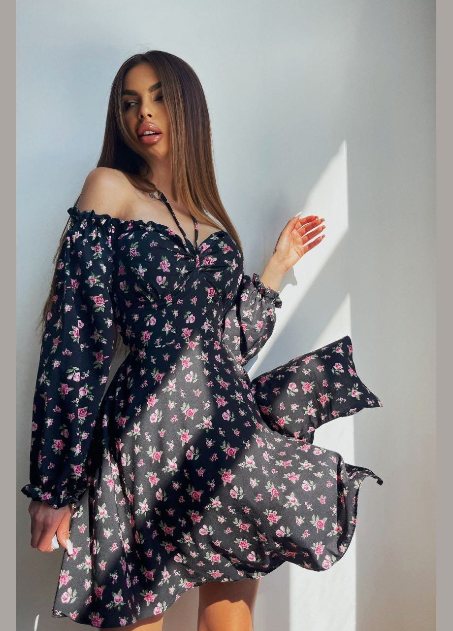 Черное повседневный женское платье No Brand с цветочным принтом