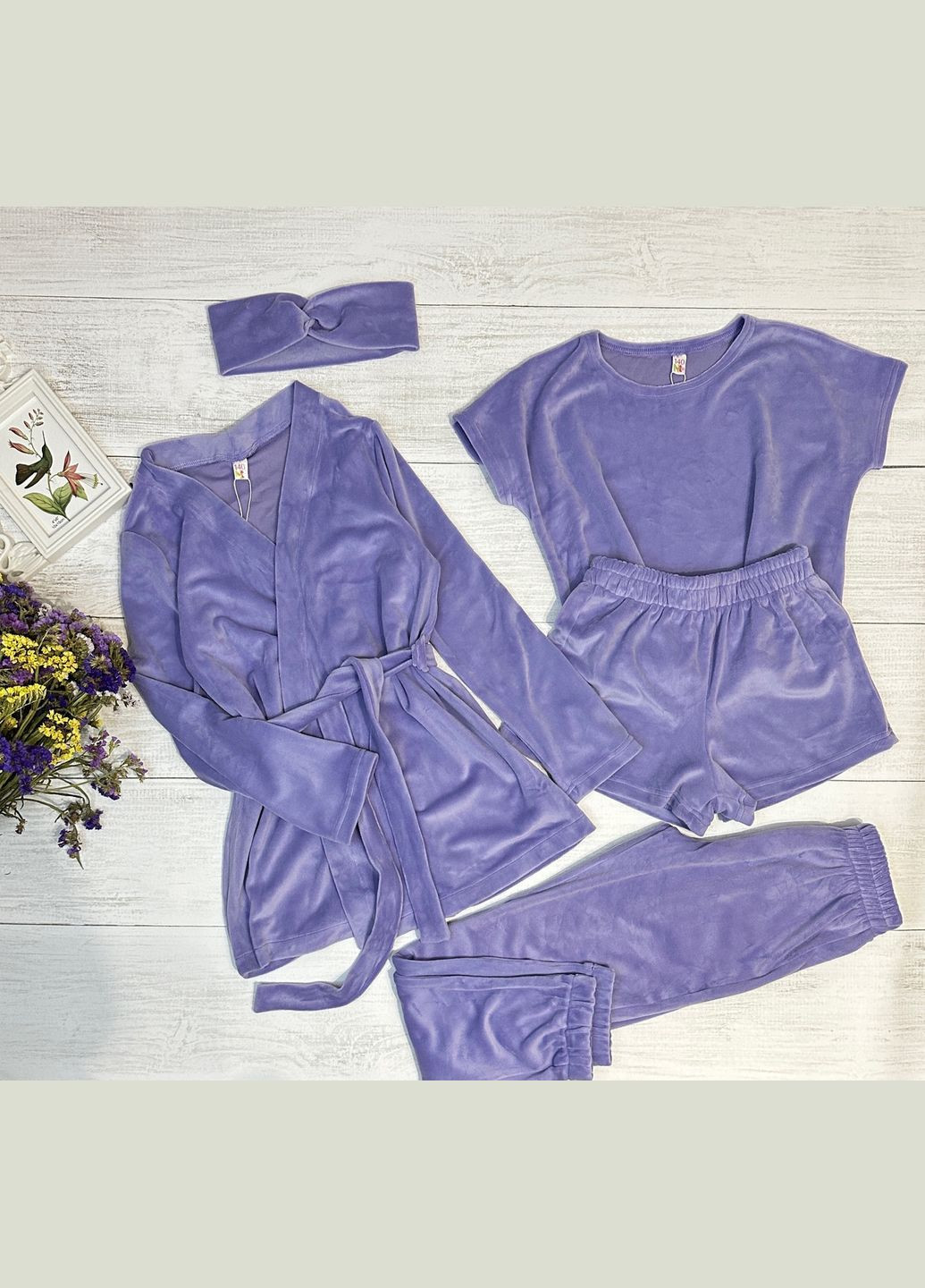 Фіолетова всесезон піжама дитяча велюрова на дівчинку 5 в 1 No Brand