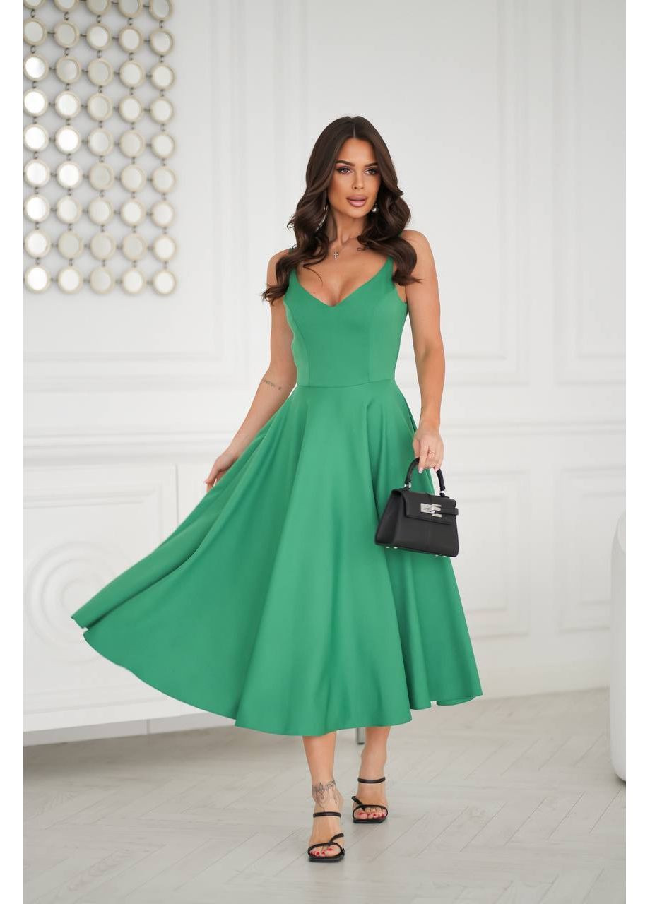Зелена святковий, вечірня жіноча сукня міді на тонких бретелях з спідницею-сонце MonCher